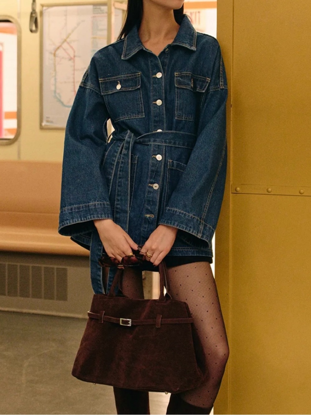 H&M Dark Blue Denim Jacket with Waist Tie Belt